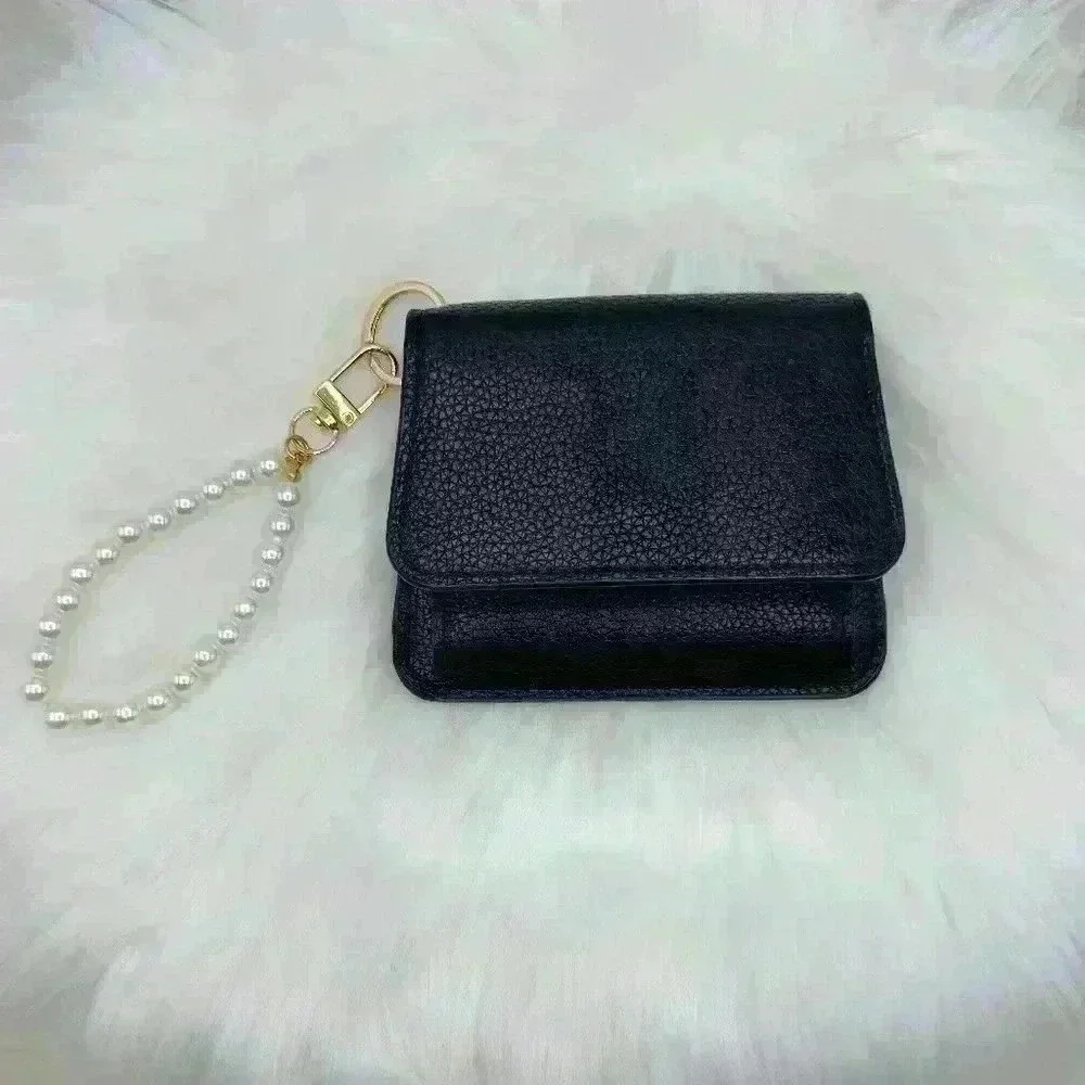 Black Wallet w/ Faux Pearl Keychain Strap